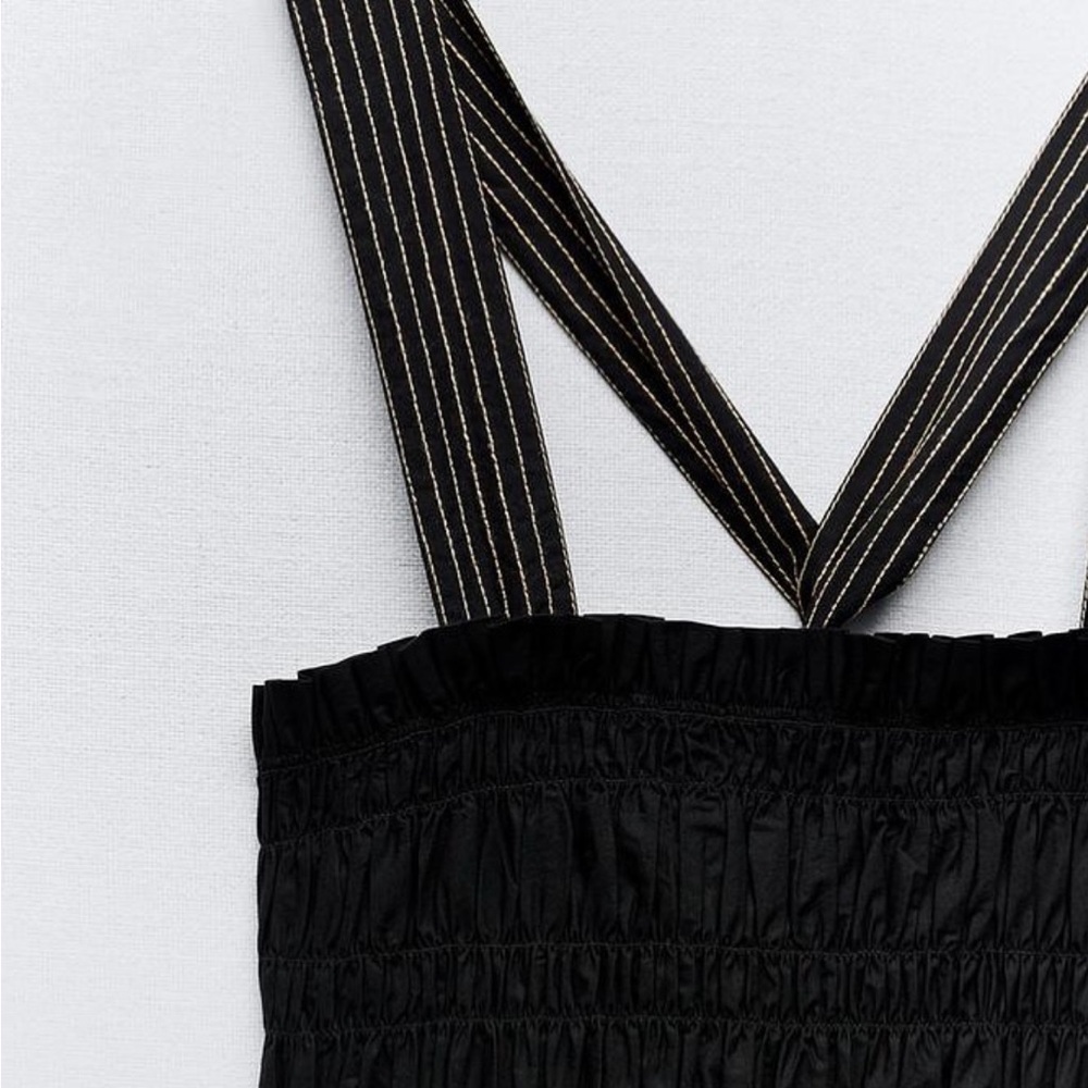 ZARA Topstitched Black Midi Dress with Pockets 100% Cotton Size M NWT - Picture 8 of 15